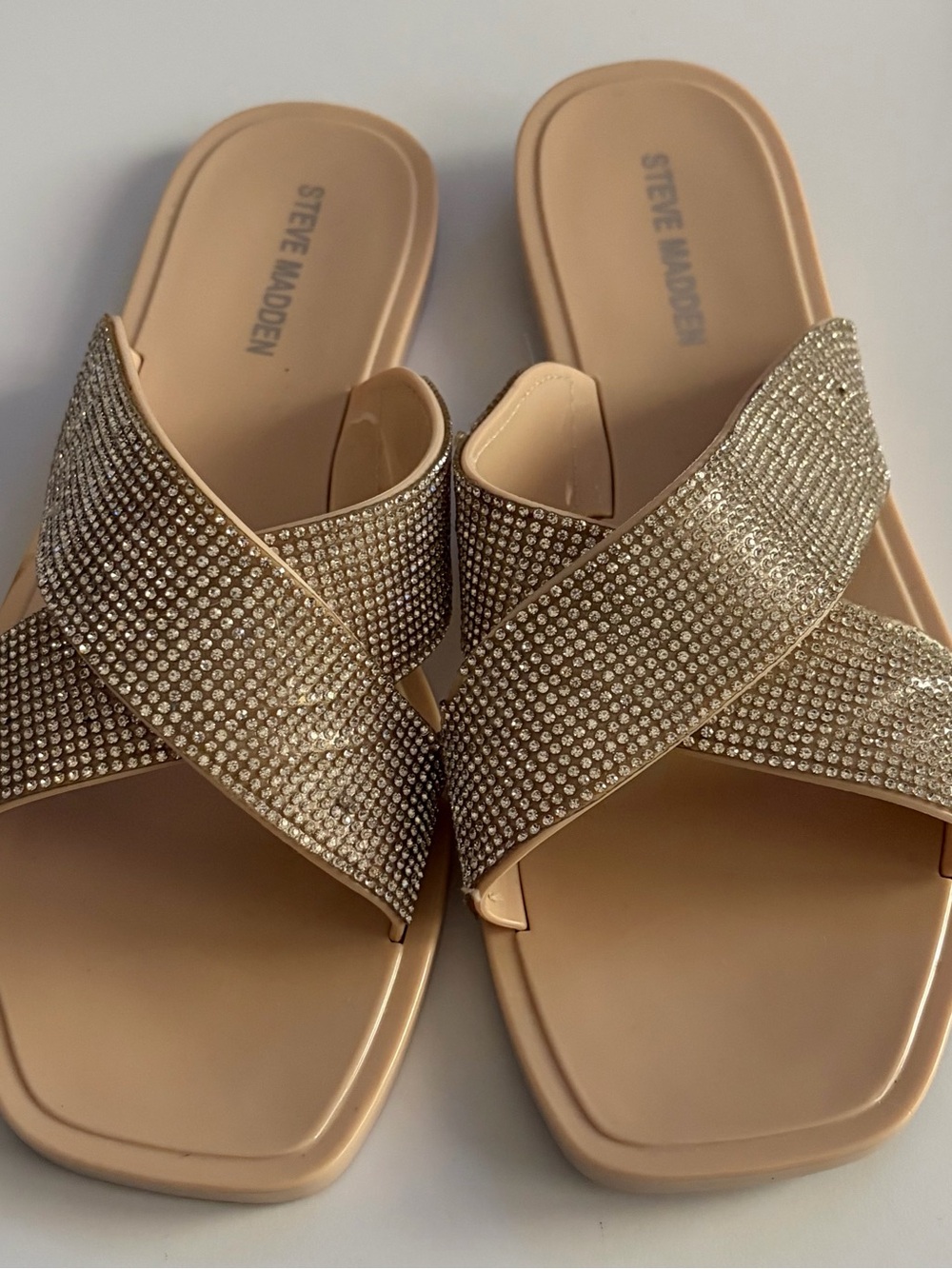 Steve Madden Beige Crystal Cross-Strap Slide Sandals